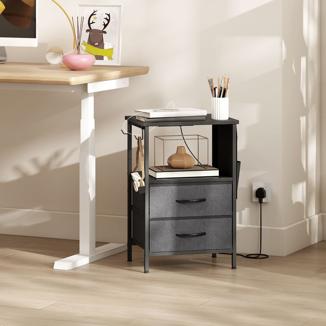 Sofabord/sidebord med ladestation, stålstel, USB-C-porte, skuffer, kroge, 40 cm x 30 cm x 60 cm, sort