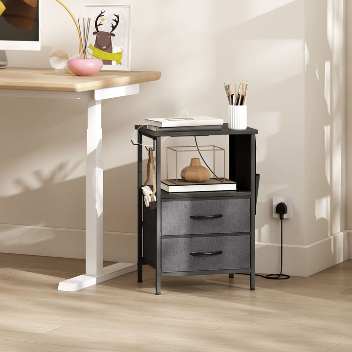 Sofabord/sidebord med ladestation, stålstel, USB-C-porte, skuffer, kroge, 40 cm x 30 cm x 60 cm, sort