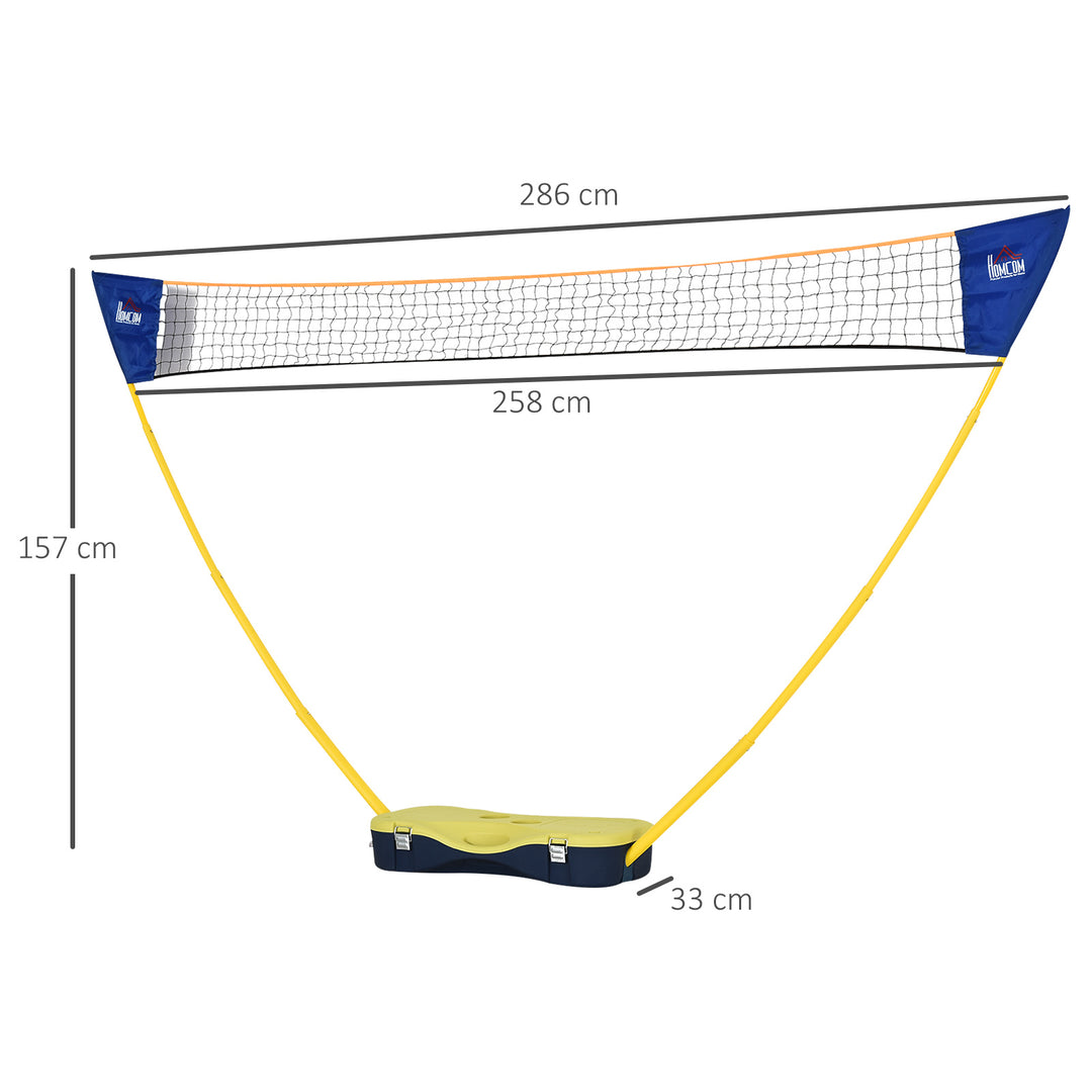 Badmintonnet med stativ, badmintonnetstativ, bærbart netstativ, badmintonnet med 4 badmintonketchere, udendørssport, gul+blå, 286 x 33 x 157 cm