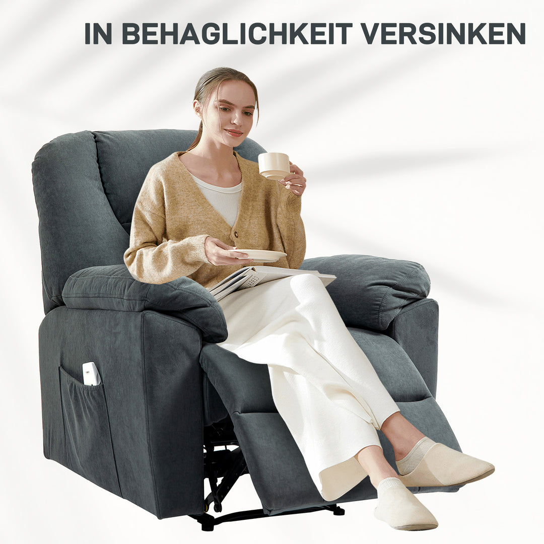 Elektrisk lænestol med massage- og varmefunktioner, polstret lænestol med USB-port, sidelommer, grå
