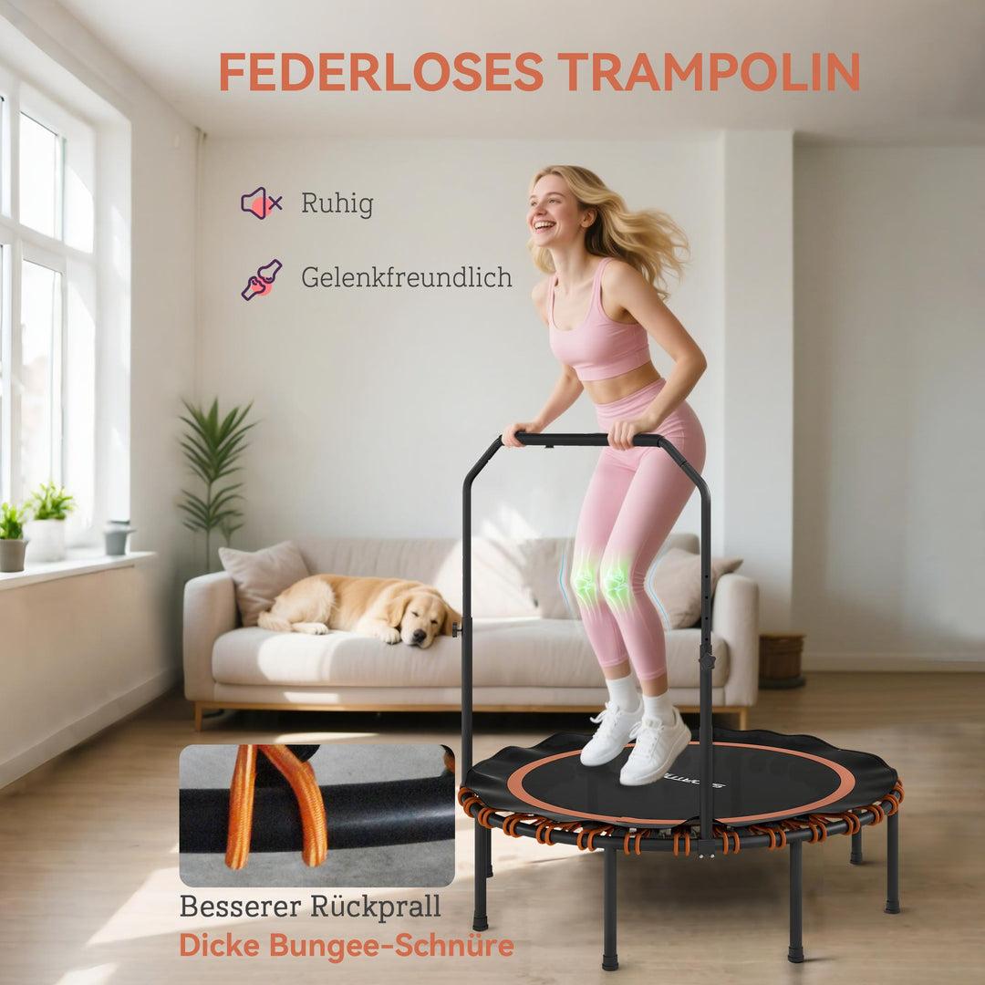 Fitnesstrampolin med justerbart gelænder, sportstrampolin til indendørs og udendørs brug, stål, plastik, orange