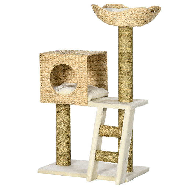 Kradsetræ med kattehus, sisal kradsetræer, vaskbare puder, 100,5h x 57l x 37b cm, hvid/natur