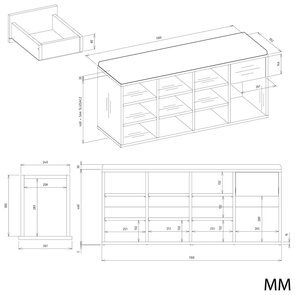 Åben skobænk med skuffe, naturfarvet