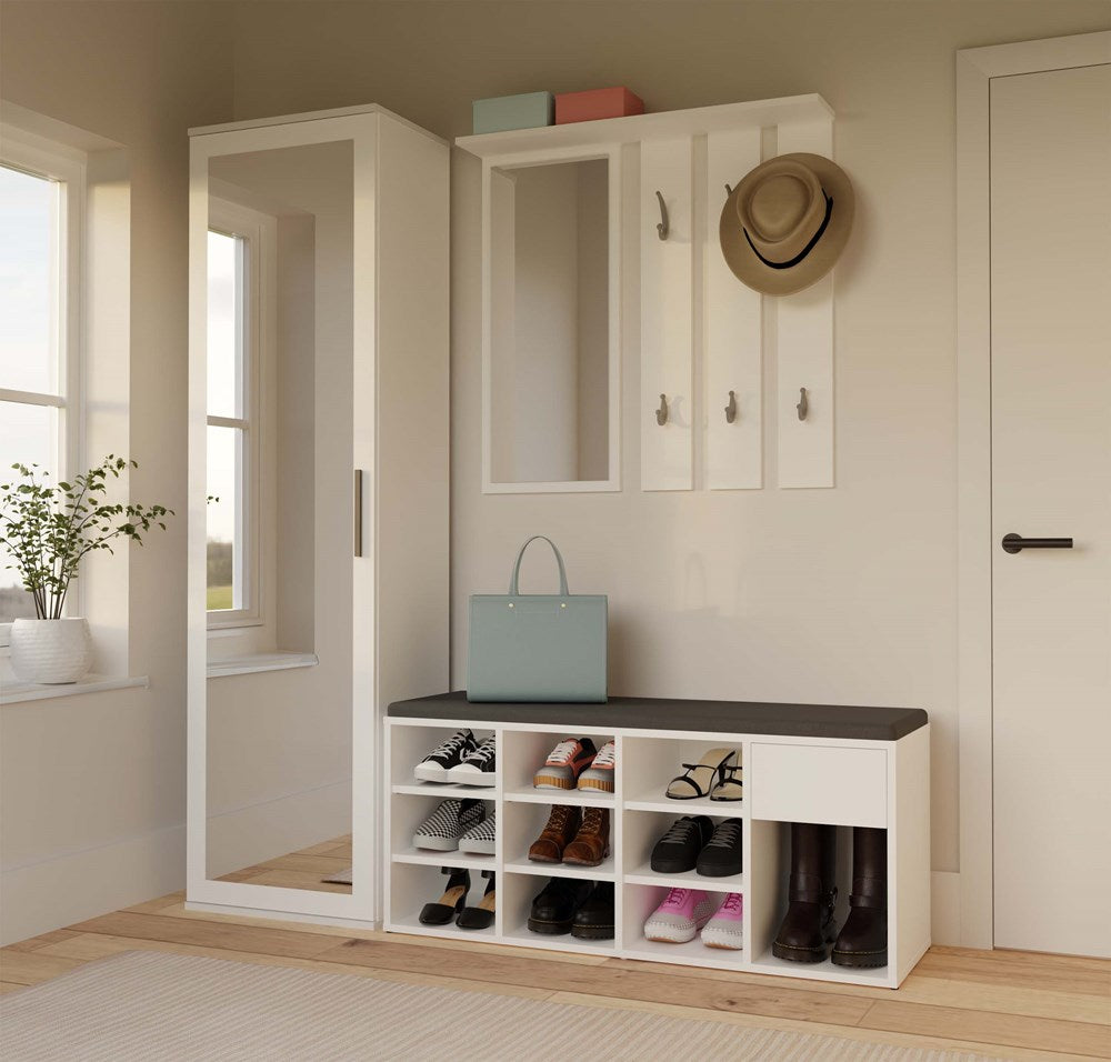 Åben skobænk med skuffe, hvid