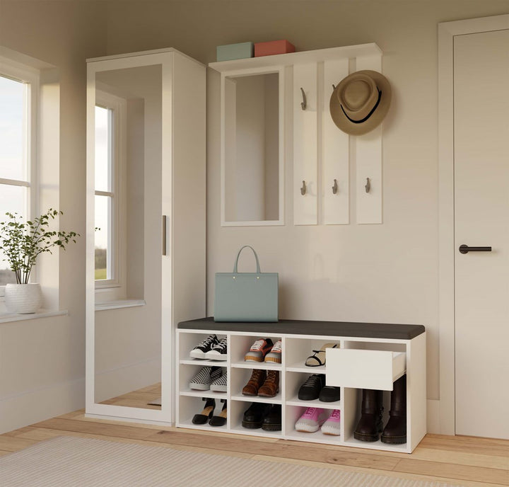 Åben skobænk med skuffe, hvid