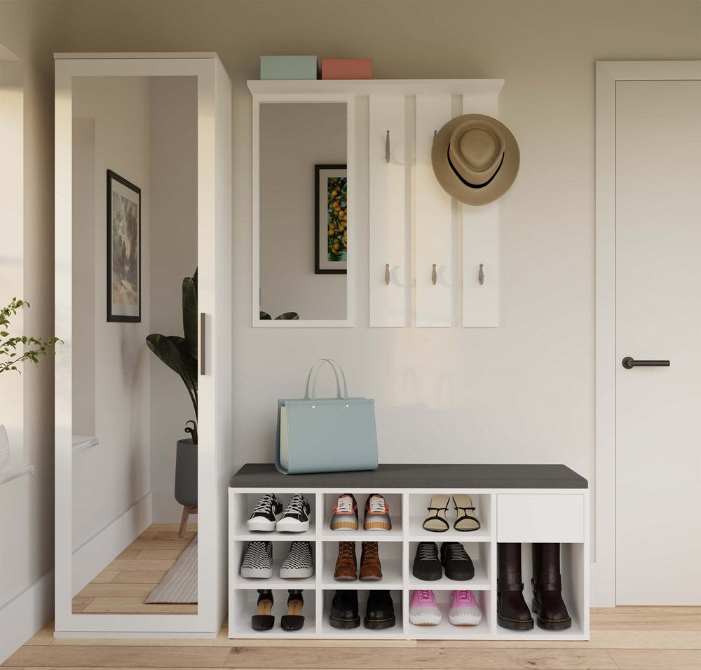 Åben skobænk med skuffe, hvid