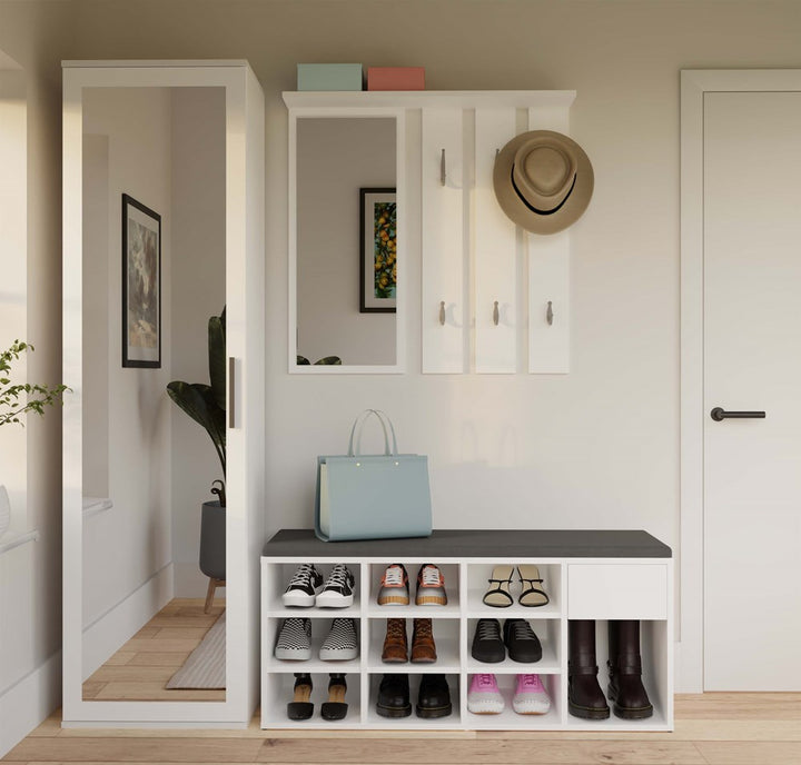 Åben skobænk med skuffe, hvid