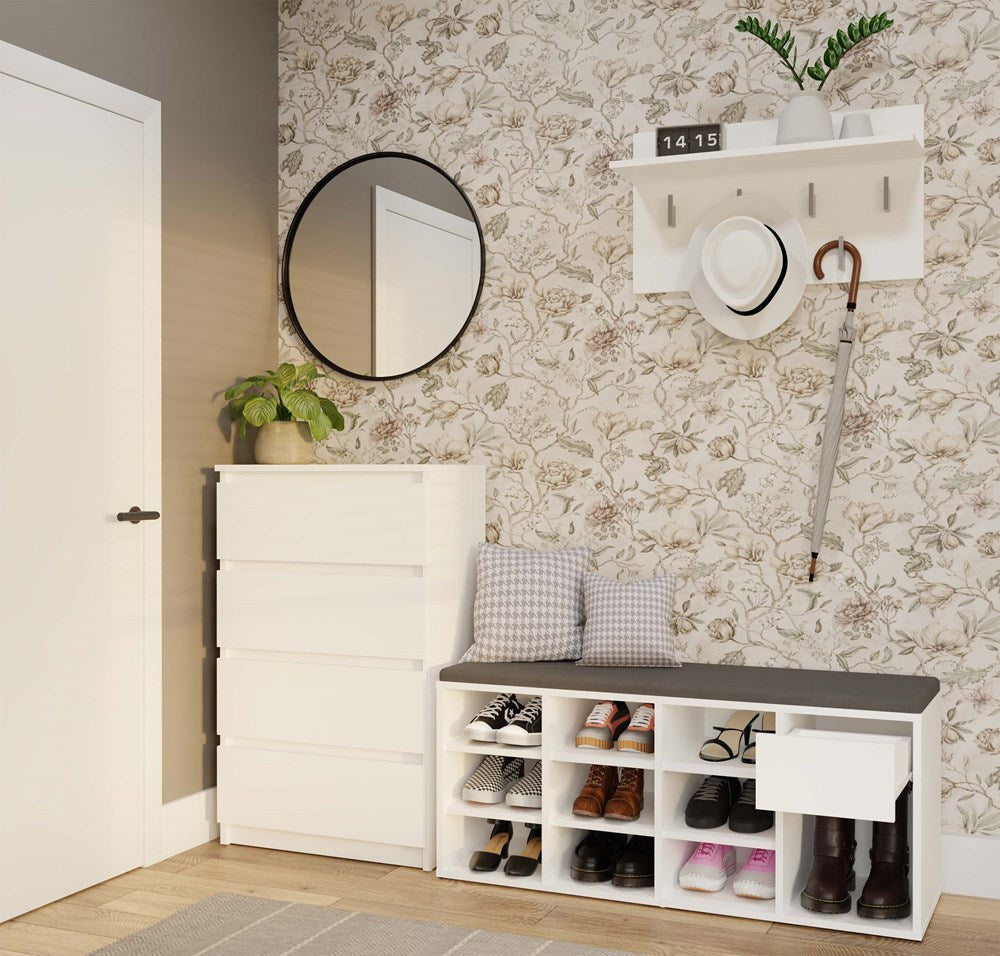 Åben skobænk med skuffe, hvid