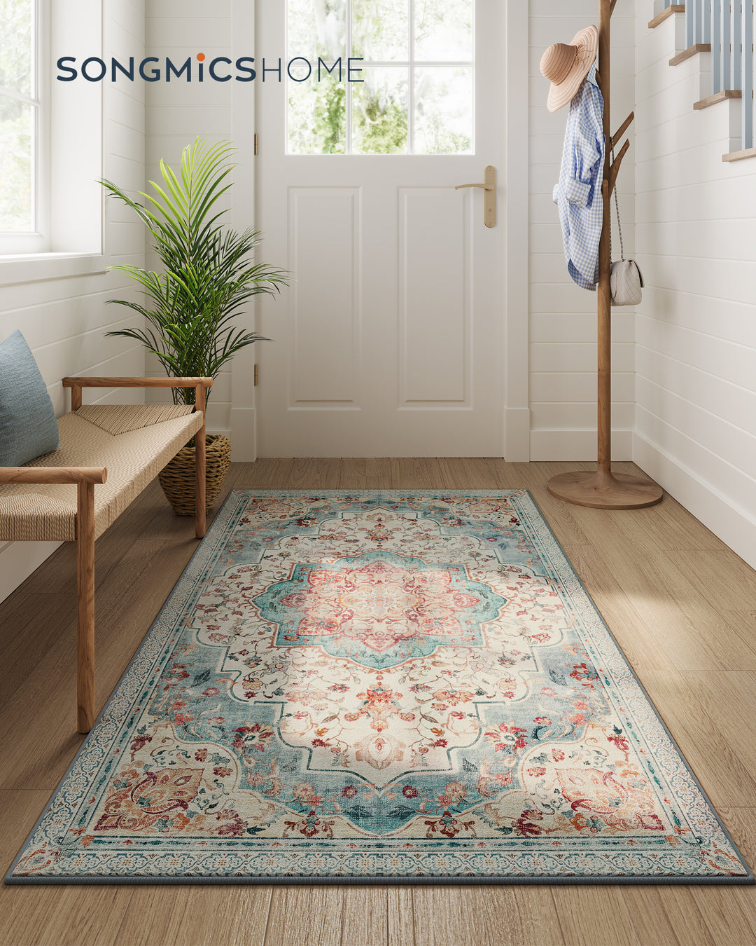 Tæppe, 9x1,5 m tæppe til soveværelse, skridsikkert tæppe, traditionel vintage stil, maskinvaskbar, blå-grøn