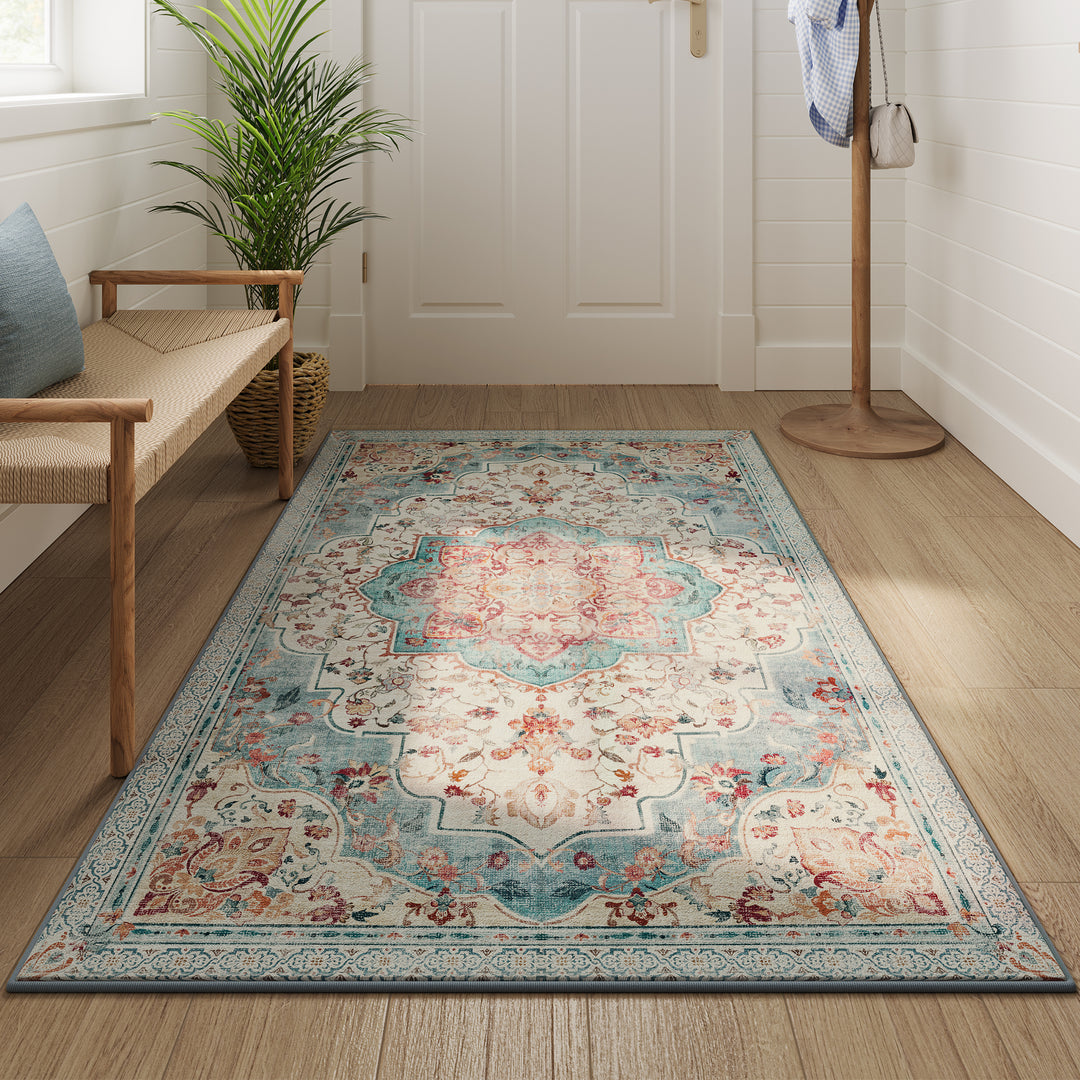 Tæppe, 9x1,5 m tæppe til soveværelse, skridsikkert tæppe, traditionel vintage stil, maskinvaskbar, blå-grøn