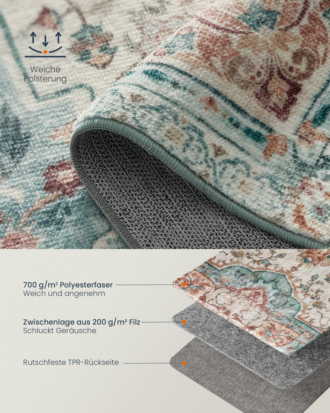 Tæppe, 9x1,5 m tæppe til soveværelse, skridsikkert tæppe, traditionel vintage stil, maskinvaskbar, blå-grøn