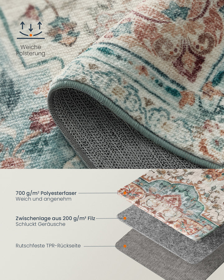 Tæppe, 9x1,5 m tæppe til soveværelse, skridsikkert tæppe, traditionel vintage stil, maskinvaskbar, blå-grøn