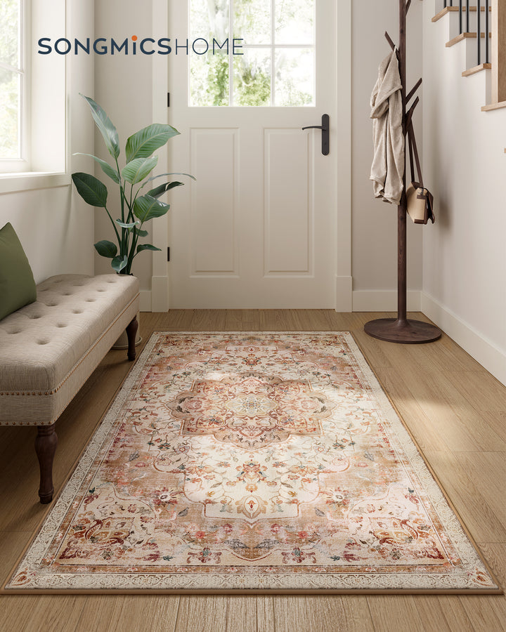 Gulvtæppe, 80 x 150 cm, skridsikkert tæppe, Traditionel vintage stil, maskinvaskbart, flerfarvet