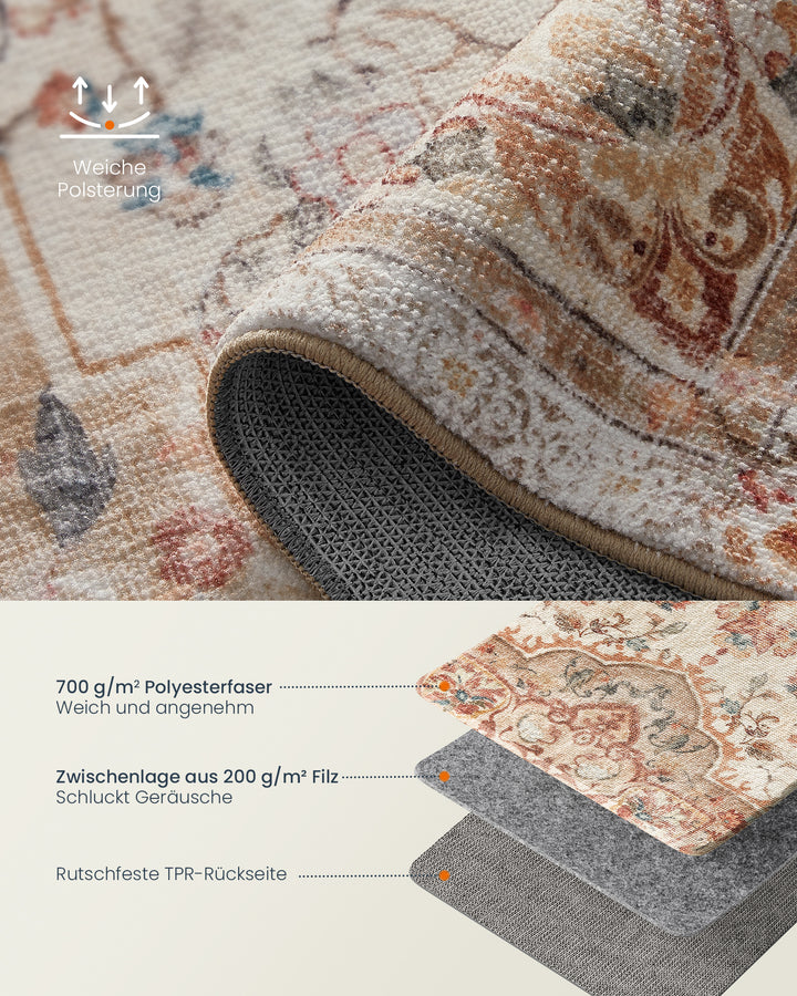 Gulvtæppe, 80 x 150 cm, skridsikkert tæppe, Traditionel vintage stil, maskinvaskbart, flerfarvet