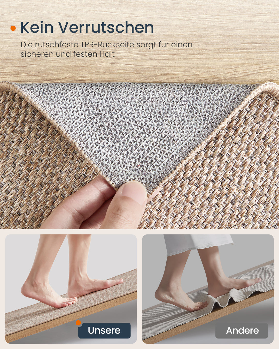 Tæppe, 80 x 200 cm, anti-slip tæppe i syntetisk jute, camel brun
