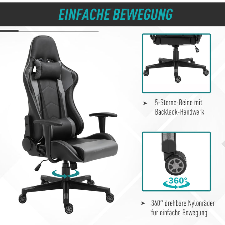 Ergonomisk kontorstol, gamingstol, drejestol, kunstlæder, skum, sort, 67,5 x 74 x 126-136 cm