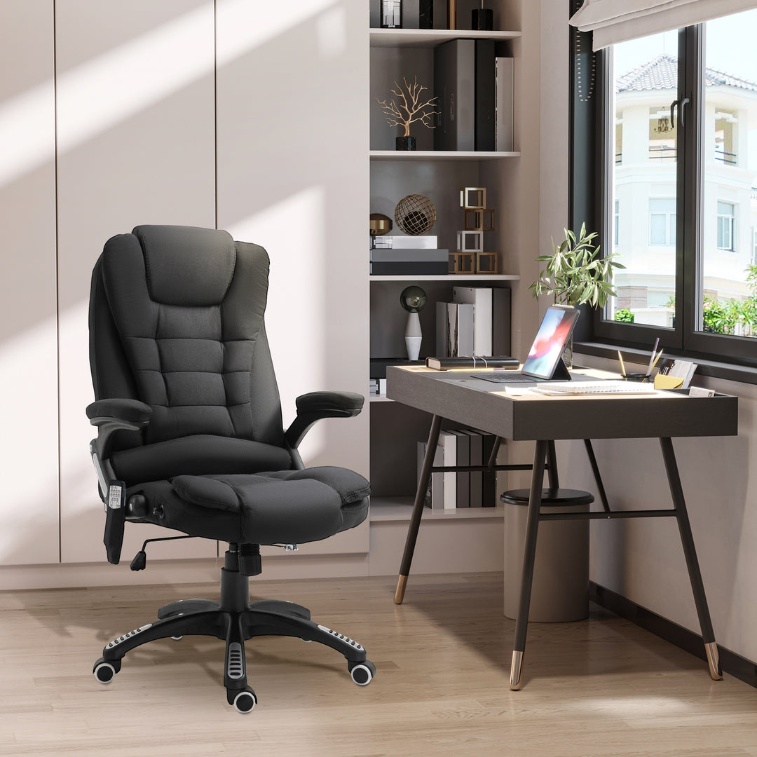 Kontorstol med vibrationsmassage, ergonomisk skrivebordsstol med varme- og lænefunktion, højdejusterbar lederstol med fjernbetjening, sidelomme, linnedlook, sort
