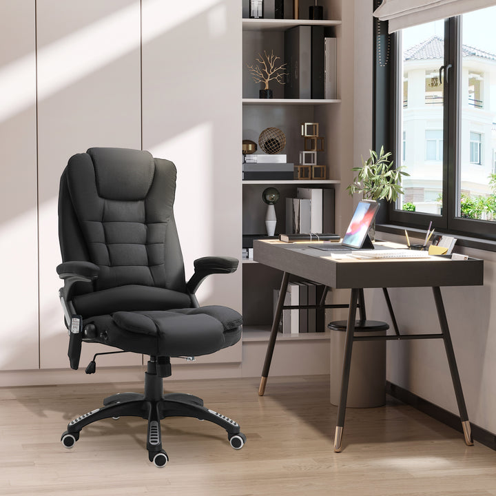 Kontorstol med vibrationsmassage, ergonomisk skrivebordsstol med varme- og lænefunktion, højdejusterbar lederstol med fjernbetjening, sidelomme, linnedlook, sort