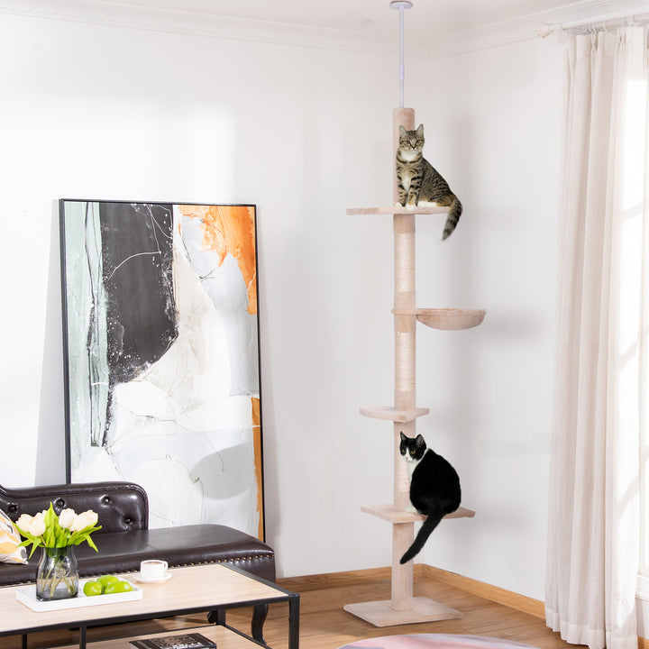 Kradsetræ med loftshøjde, robust kradsetræ med sisalstolper, klatretræ til katte, beige, 40 x 34 x 230-260 cm