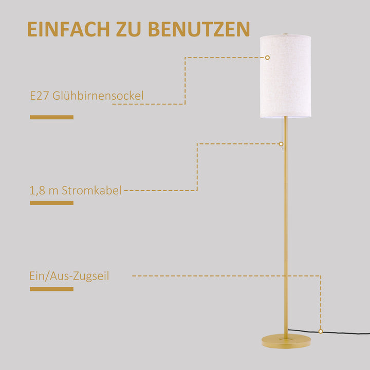 Gulvlampe, elegant stålgulvlampe med stofskærm, stuelampe, trækkædeafbryder, guld+hvid