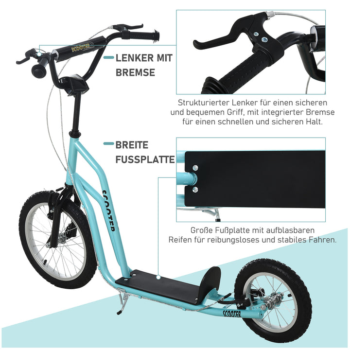 Børneløbehjul fra 5 år løbehjul spark løbehjul city scooter børneløbehjul kickboard med luftgummidæk 16/12 tommer blå 135 x 58 x 88-94 cm