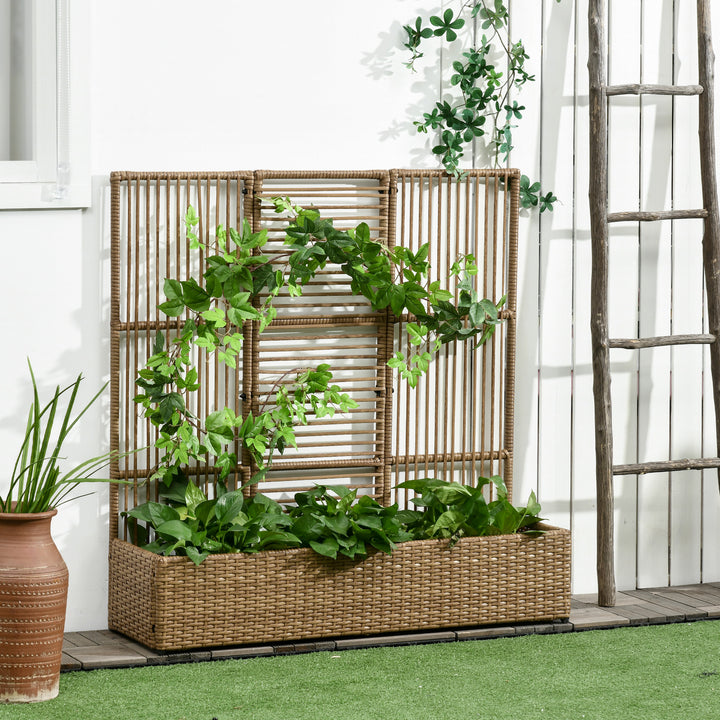 Blomsterkasse med espalier, vejrbestandig, polyrattan, 103 x 29 x 103 cm, sandfarvet