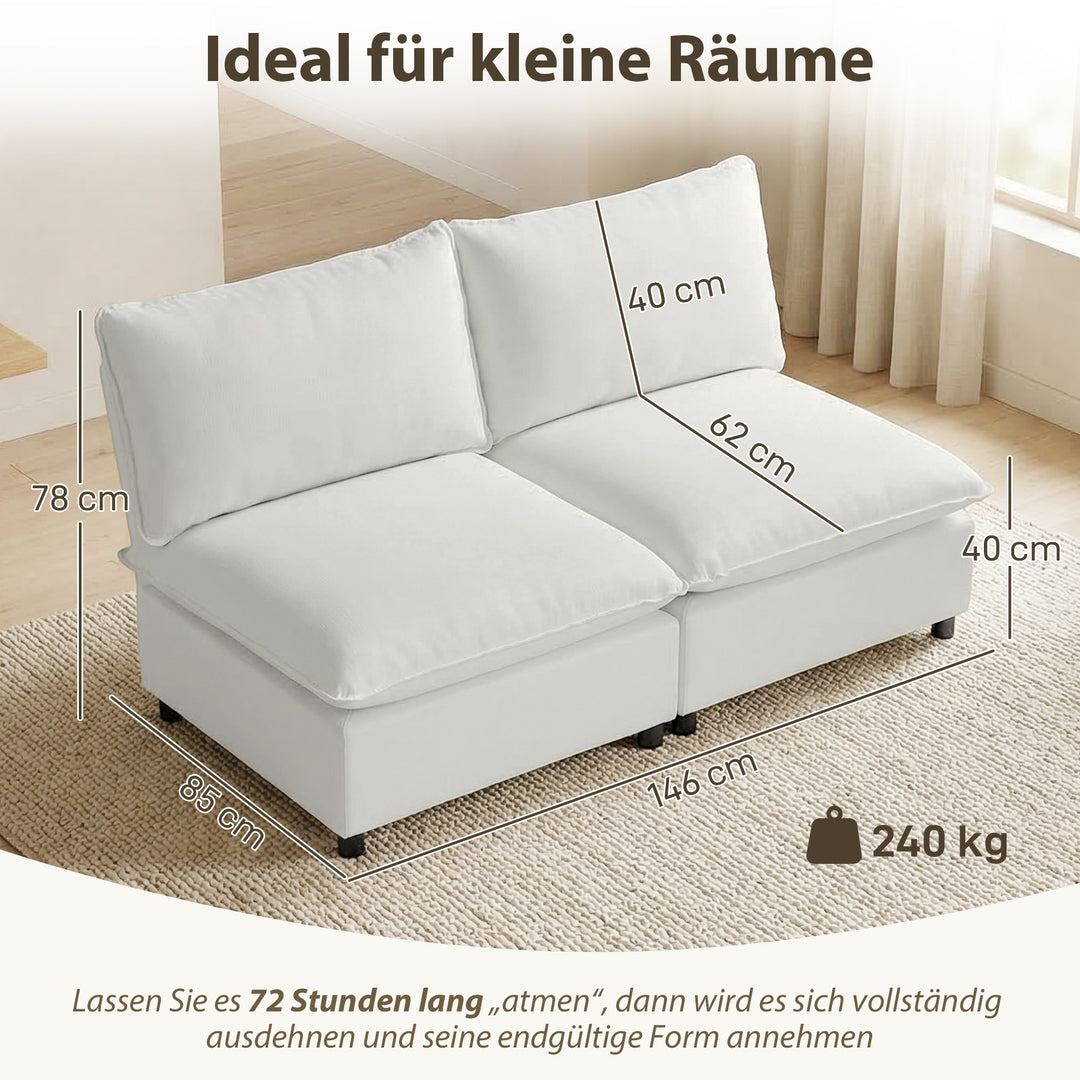 2-personers sofa, 146 cm modulær sofa i kunstlæder med bredt og dybt sæde, tykke hynder, nem montering, grå