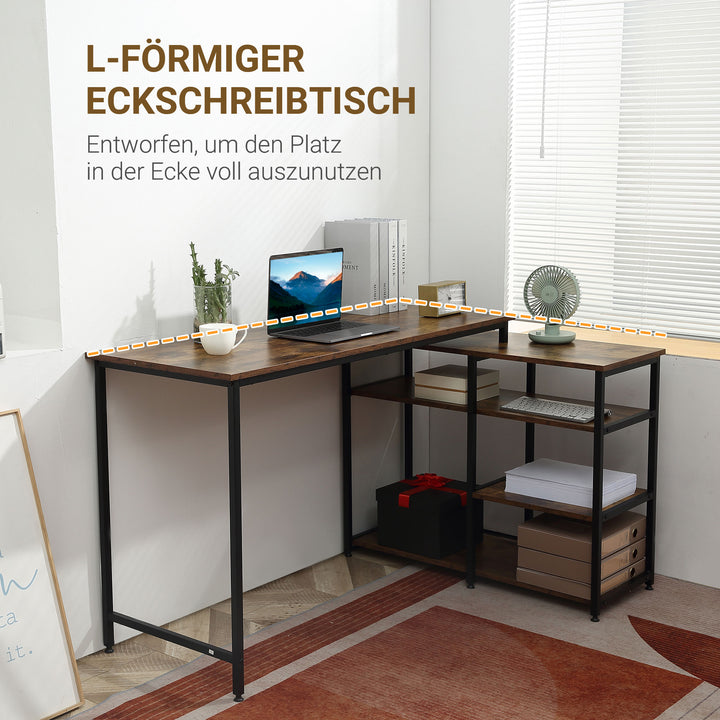 Hjørnebord vinkelbord pc-bord computerbord kontorbord hylde skuffe l-formet spånplade metal rustik brun 135 x 90 x 79 cm