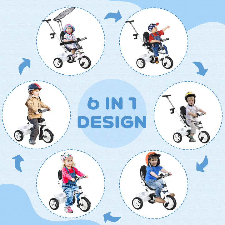 6-I-1 børnetrecykel med skubbehåndtag, kaleche, bælte, opbevaringskurv, til 1-5 år, hvid