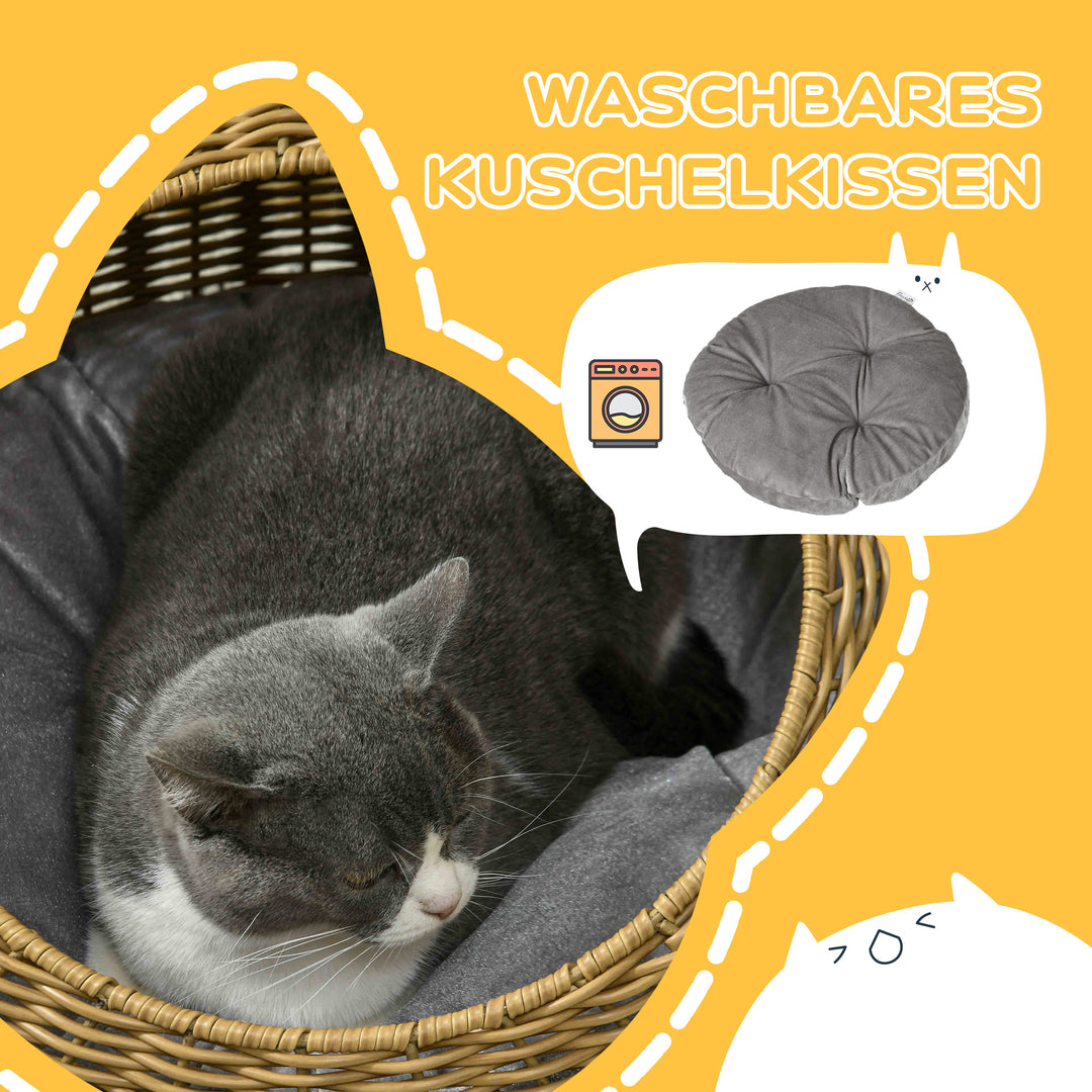 Kattehule med vaskbar hynde, til dyr op til 4 kg, indendørs brug, kunstrotting, Ø50 x 31 cm, lysebrun
