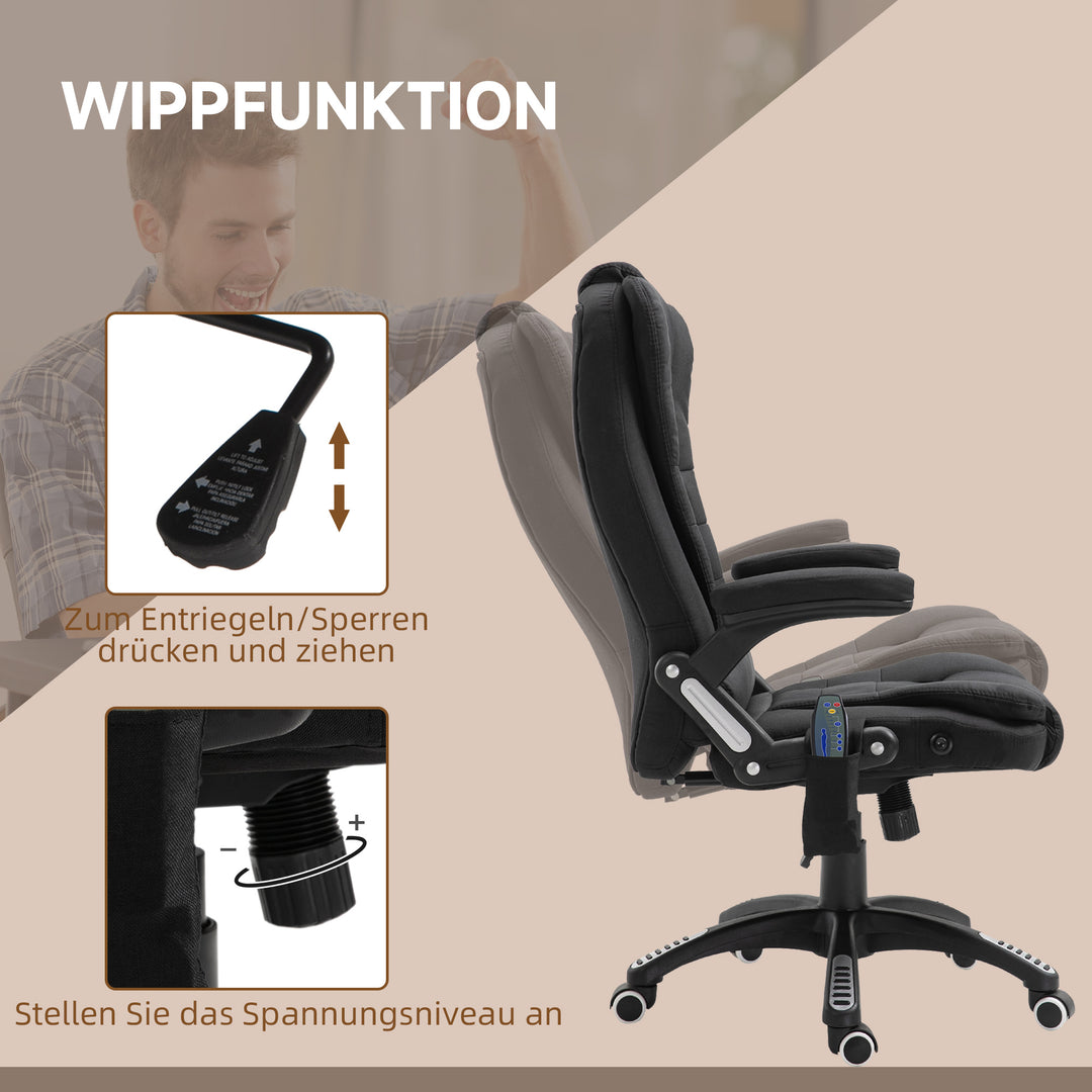 Kontorstol med vibrationsmassage, ergonomisk skrivebordsstol med varme- og lænefunktion, højdejusterbar lederstol med fjernbetjening, sidelomme, linnedlook, sort