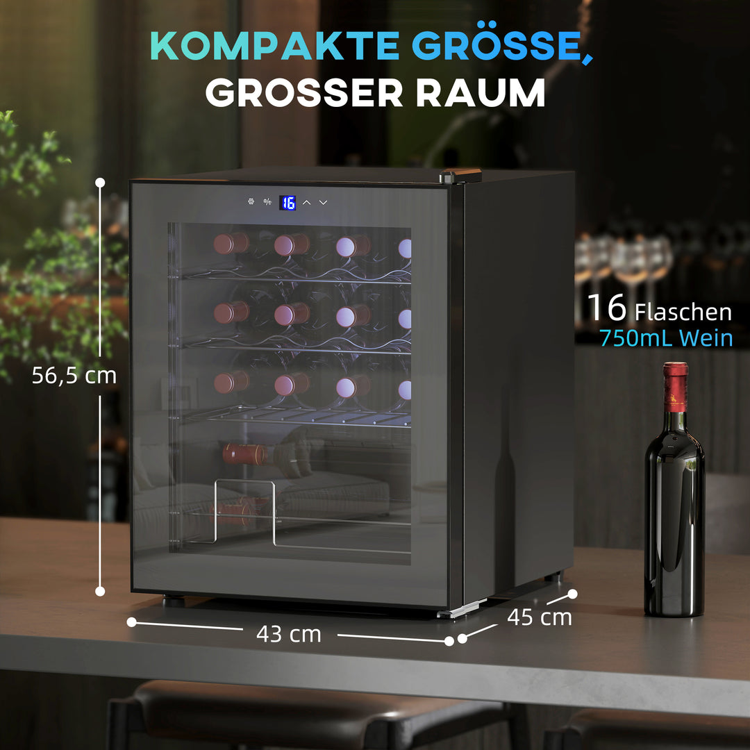 Fritstående vinkøleskab, 16 flasker, til hjemmebar, stue, køkken. Touchskærm, glaslåge, LED-belysning.