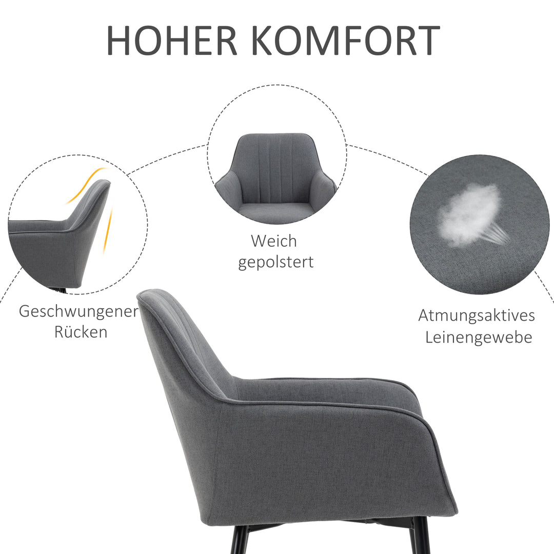 Sæt med 2 spisestole polstret stol med åndbart hørbetræk stuestol lænestol køkkenstol med ryglæn armlæn hør mørkegrå 59,5 x 56,5 x 81 cm