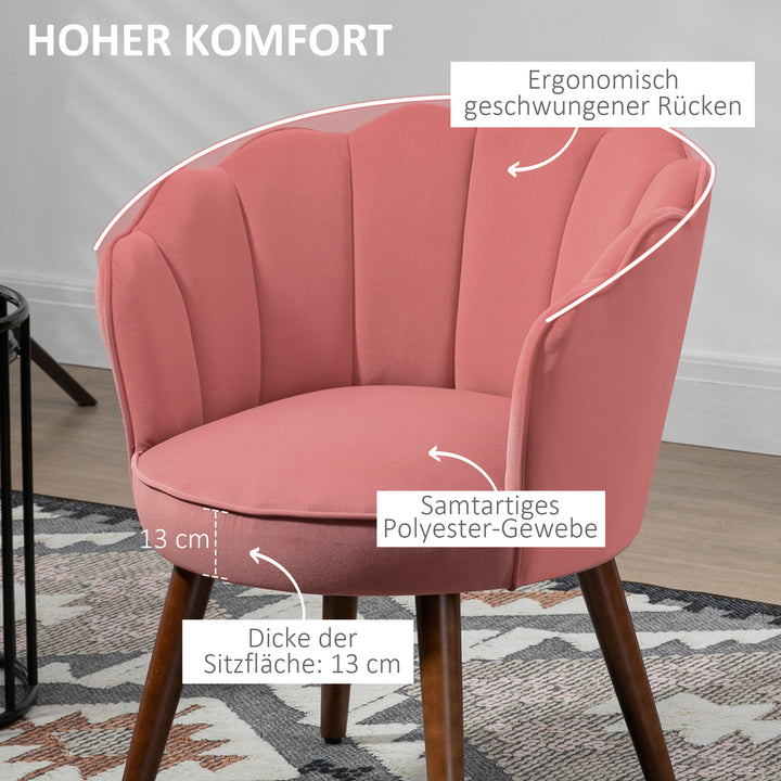 Lænestol stue loungestol i skalformet afslappende stol med træben, polstret stol læsestol med fløjlslook, polstret stol til soveværelse lyserød