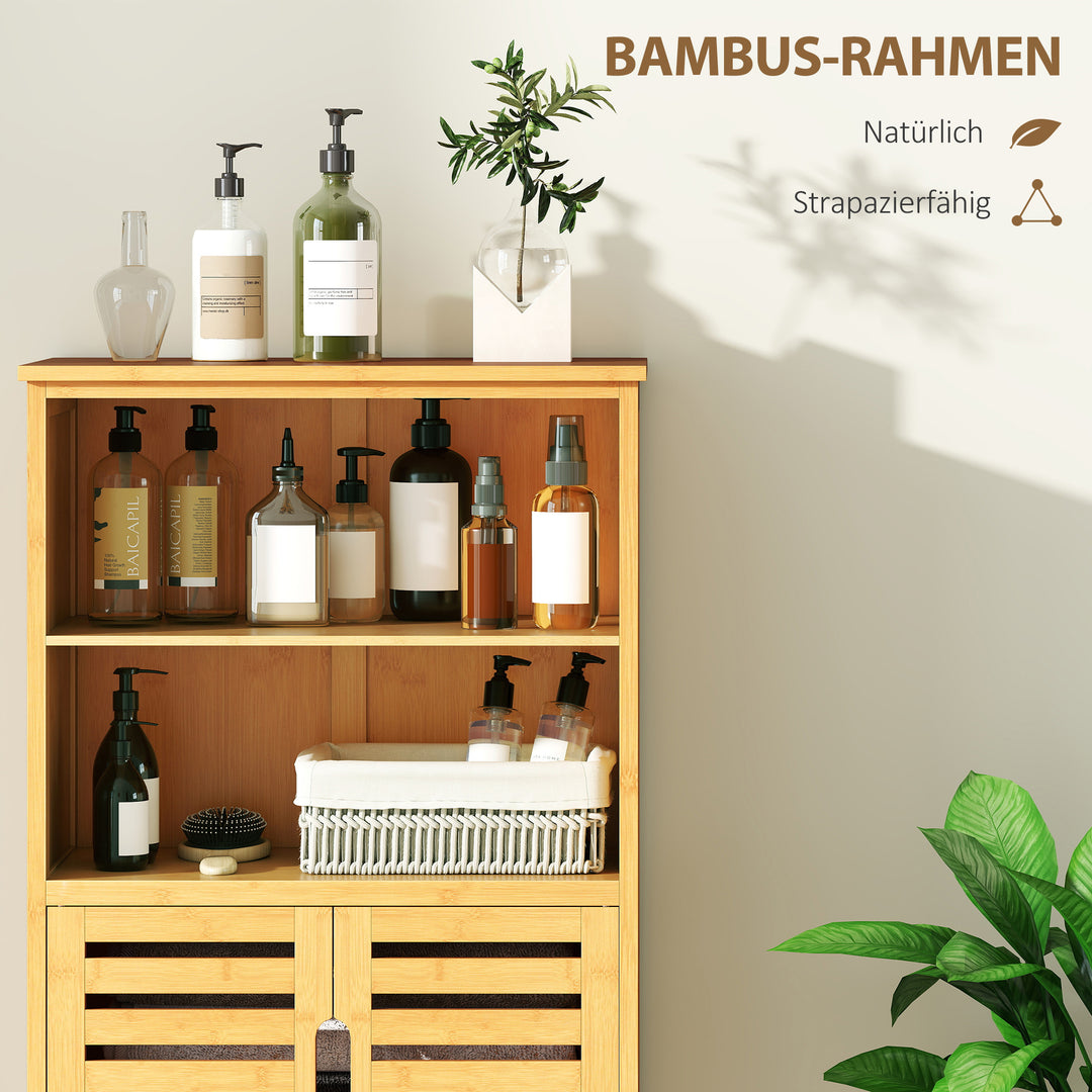 Badeværelsesskab i bambus med lameldøre, 2 hylder, 1 skab, 50 cm x 29 cm x 92 cm, naturfarvet