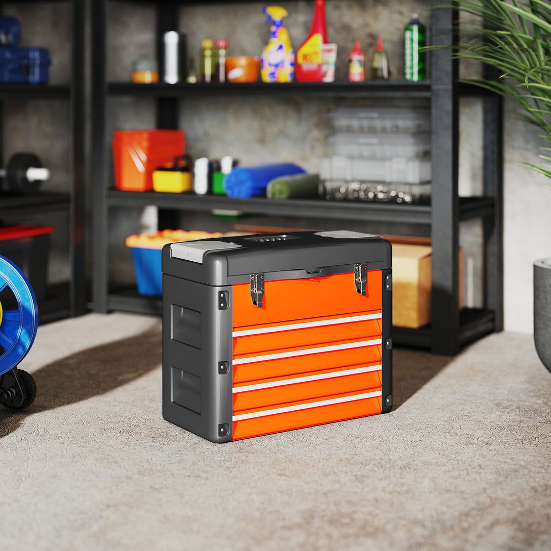 Tom værktøjskasse, 49,7 x 25,3 x 40,7 cm værktøjskasse med 4 skuffer, minikasse stål orange