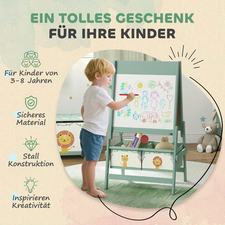 Børnestaffeli 3 i 1 børnetavle med tavle, whiteboard, papirrulle, 2 opbevaringskasser, til 3-8 år, grøn