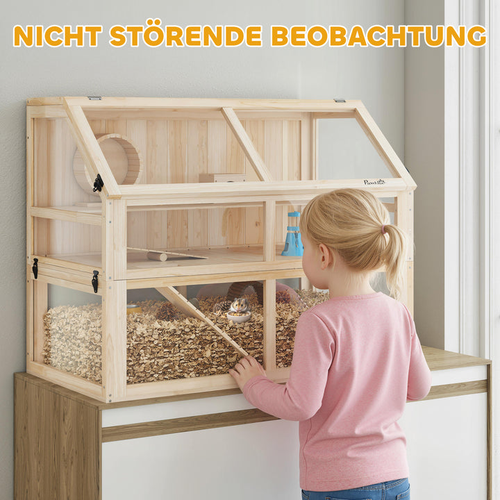 Hamsterbur i træ, 3 niveauer, gnaverbur, bur til små dyr med vippe, løbehjul og hytte, 95 x 53 x 76 cm, naturtræ