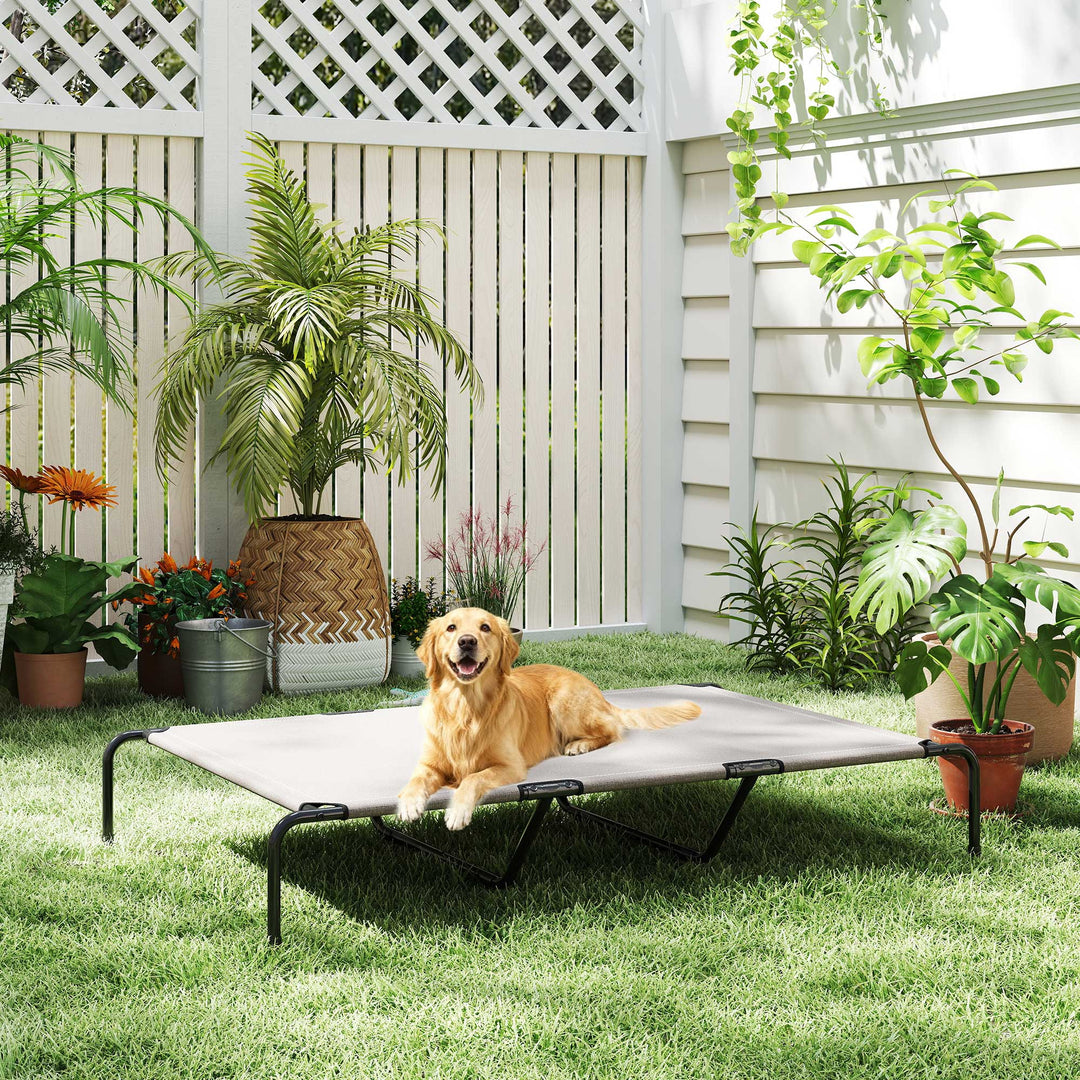 Udendørs hundeseng, hævet hundeseng til store hunde, med stålramme, åndbart netstof, 152x94x23 cm, beige