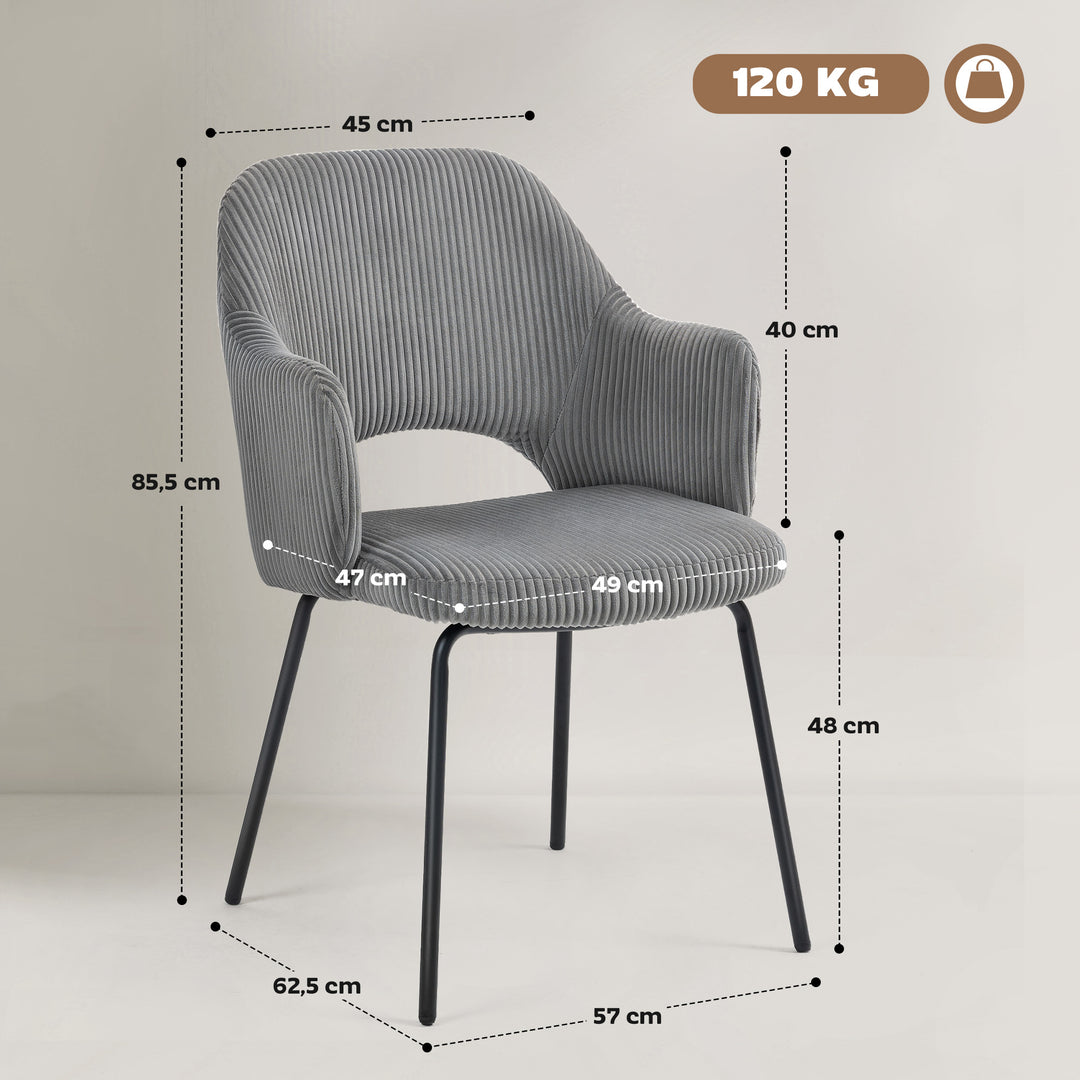 Spisestol, fløjlspolstring, skalform, metalben, fodhynde, grå
