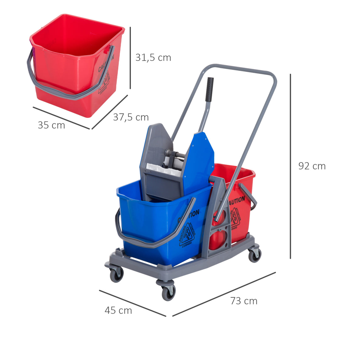 Rengøringsvogn moppevogn med 2 spande systemvogn med 4 letløbende hjul metal+pp blå+rød 73 × 45 × 92 cm