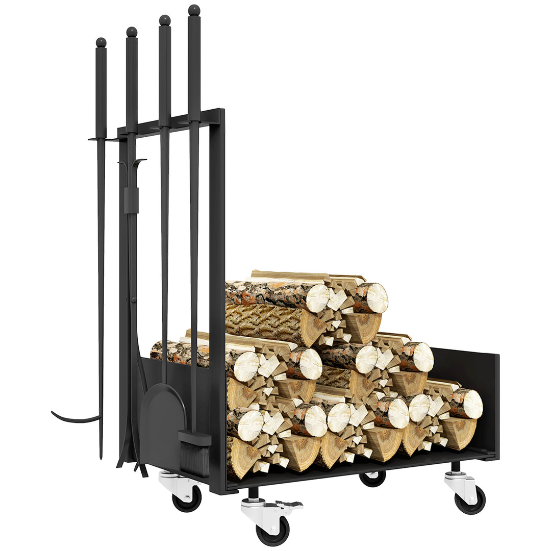 Brændehylde med hjul, meget tilbehør, metalramme, op til 60 kg, 48 x 30 x 76 cm, sort