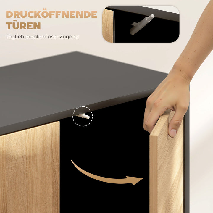 Skænk med push-to-open låger, spisestueskab med metalben, køkkenskab, MDF, sort + naturtræ
