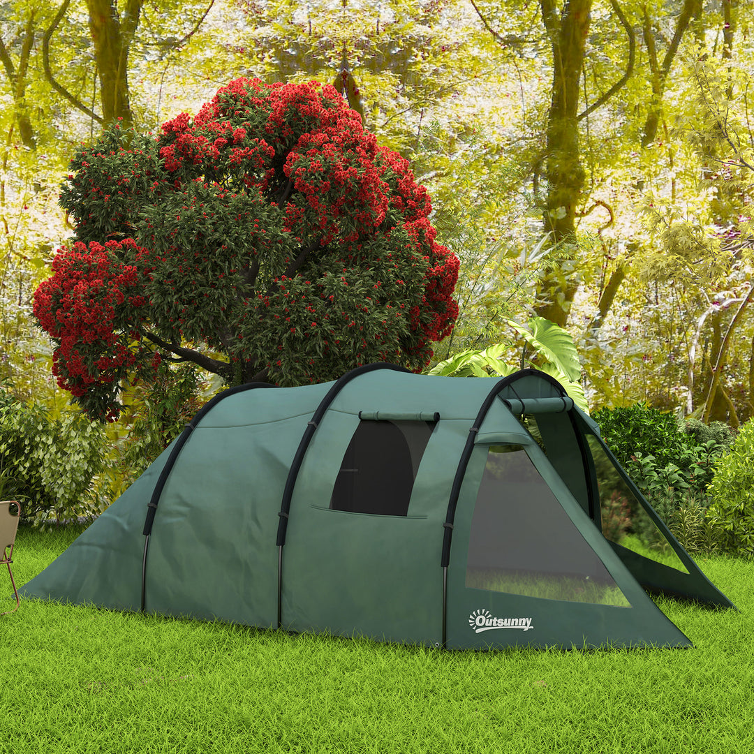 Campingtelt til 3-4 personer, to indvendige rum, netvinduer, grøn, 4,75 x 2,64 x 1,72 m