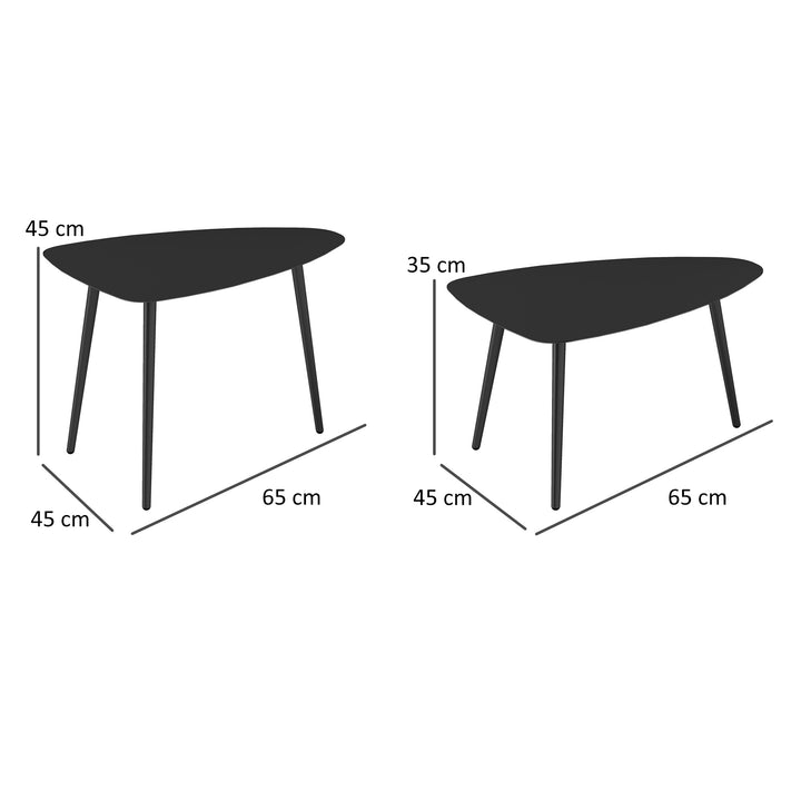 Sofabordsæt med 2, vejrbestandigt balkonbord i stål, sidebord i geometrisk design i sort
