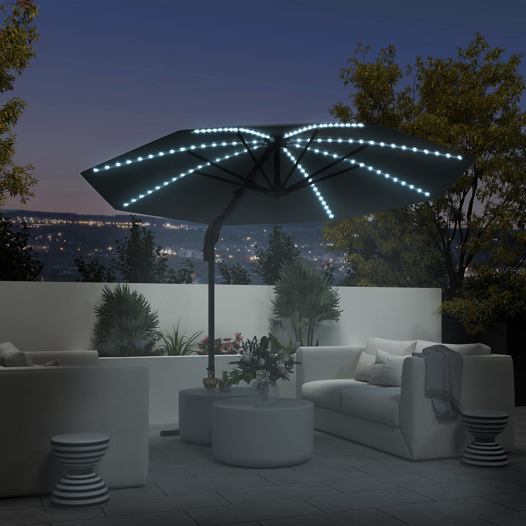 Aluminiums cantilever parasol led solcelle 300 cm højdejusterbar parasol med håndsving uv50+ mørkegrå