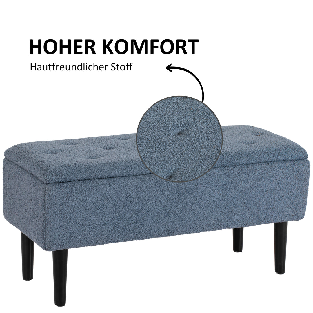 Polstret opbevaringsbænk, cashmere-look, op til 120 kg, naturtræsstel, 95 x 38 x 45 cm, blå