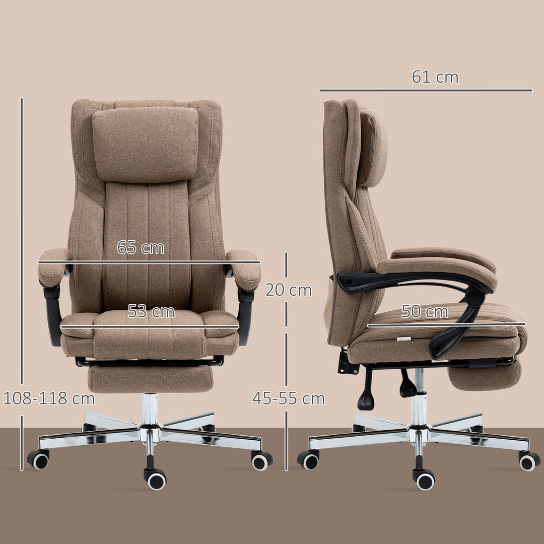 Kontorstol med massagefunktion, ryglæn med justerbar ryglæn, udtrækkelig fodstøtte, linnedlook, 65 x 61 x 118 cm, brun