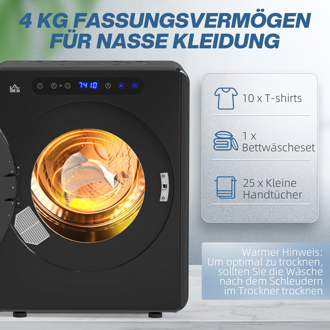 Tørretumbler, 6 programmer, 40-60°c, 4 kg kapacitet, kompakt, touch-betjening, sort