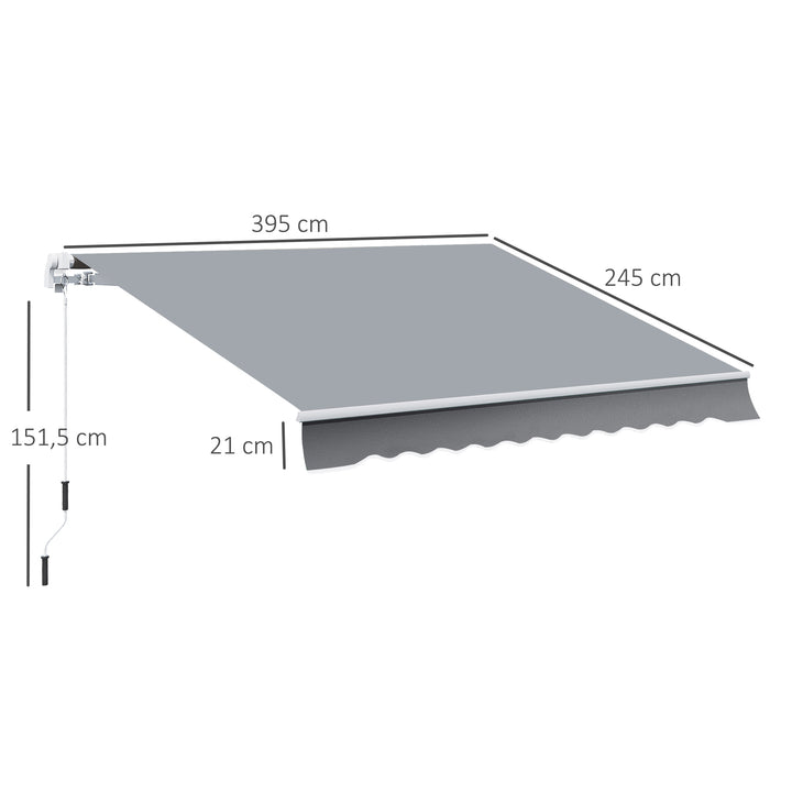 Markise, 3,95 x 2,45 m, solsejl, udtrækkeligt, med håndsving, metalramme, polyester, grå/hvid